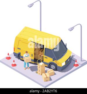 Vector isometric courier with parcels and delivery van Stock Vector