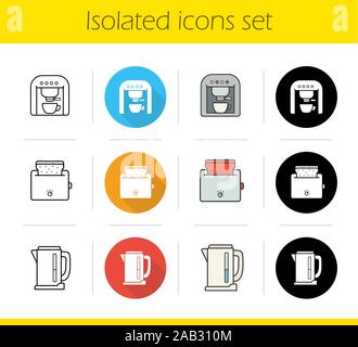 Kitchen electronics icons set. Flat design, linear, black and color styles. Kitchen appliances. Espresso coffee machine, toaster with toasted bread, e Stock Vector