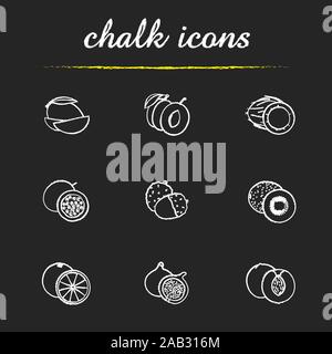 Fruit pairs icons set. Mango pieces, halved plum, open coconut, cutted passionfruit, orange, fig, peach, peeled litchi, kiwifruit half illustrations. Stock Vector