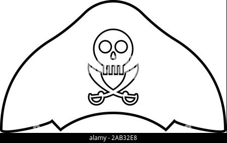 Pirate hat with skull and saber cutlass icon outline black color vector illustration flat style simple image Stock Vector