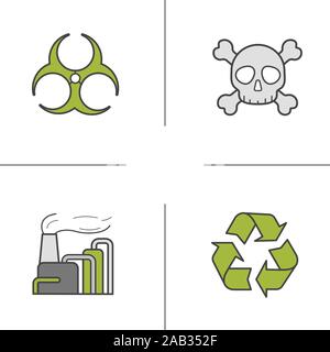Industrial pollution color icons set. Biohazard and recycle symbols, factory air pollution and skull with crossbones. Vector isolated illustrations Stock Vector