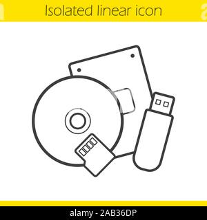 Data storage devices linear icon. Thin line illustration. Usb flash drive, flash card and cd disc contour symbol. Vector isolated outline drawing Stock Vector