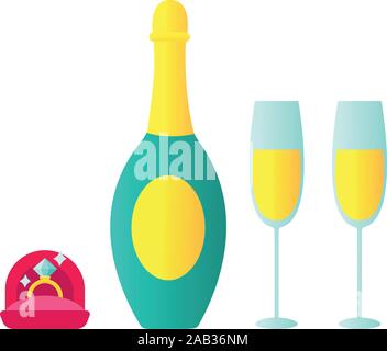 Wedding rings and champagne on table on white background. Vector illustration Stock Vector