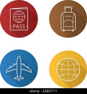 Air travel flat linear long shadow icons set. International passport, luggage suitcase on wheels, plane flight, worldwide globe symbol. Vector line sy Stock Vector