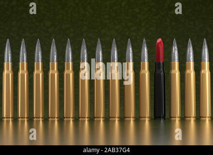 Lipstick stylized as a rifle bullet in a row among other bullets. Pacifist and disarming concept. Render. Stock Photo