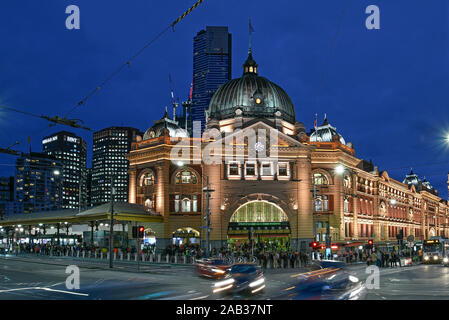 Australia, Victoria, Melbourne, April 11 , 2019 - Flinders Street railway station is a railway station on the corner of Flinders and Swanston Streets Stock Photo