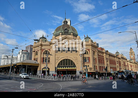 Australia, Victoria, Melbourne, April 11, 2019 - Flinders Street railway station is a railway station on the corner of Flinders and Swanston Streets i Stock Photo