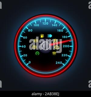 Bright neon digital speedometer with light dashboard indicators, yellow warning icons of engine, petrol, exclamation point, abs, vector illustration. Stock Vector