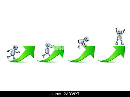 3d illustration of  little robot business challenges himself climbing green arrow on isolated white background Stock Photo