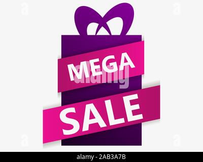 Black friday mega sale banner with gift box and ribbon, template design isolated on white background. Vector illustration Stock Vector
