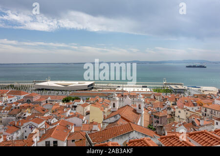 Lisbon Cruise Port Terminal Building On The River Tagus Portugal, Seen From The Famous Miradouro de Santa Luzia Viewpoint Stock Photo