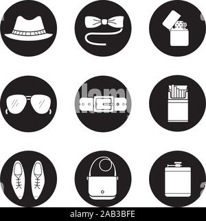 Men's accessories icons set. Butterfly tie, sunglasses, hat, alcohol flask, open cigarette pack, leather belt, bag, classic shoes and flip lighter sym Stock Vector