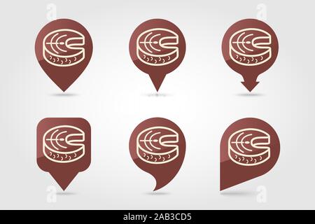 Steak of red fish salmon pin map icon. Farm animal Map pointer. Map marker. Graph symbol for your web site design, logo, app, UI. Vector illustration Stock Vector