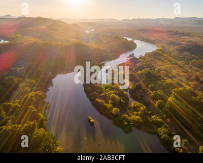 A sunrise over the Mazowe river seen from a drone. Stock Photo