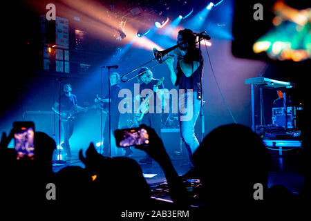 Belgian indie pop/rock group, Balthazar, is seen performing live at Hard CLub in Porto, Portugal. Stock Photo
