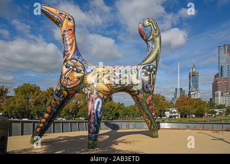 Australia, Victoria, Melbourne, April 11, 2019 - Set across the bank of the Yarra river,  in the public park Birrarung Marr, the Angel sculpture by De Stock Photo