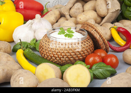 Kartoffeln mit Quark und Gemuese |Potatoes with cottage cheese and vegetables| Stock Photo