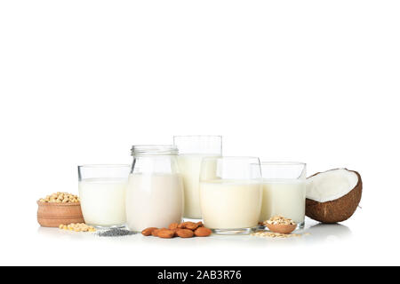 Glasses with different types milk isolated on white background Stock Photo