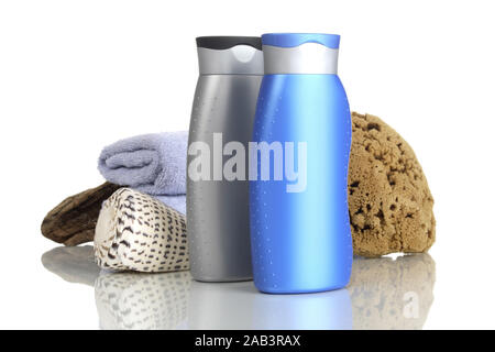 Duschgel mit Schwamm und Handtuch