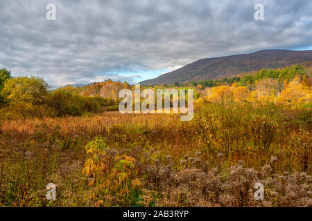 Autumn landscape of Sunderland, Vermont with a dramatic sky and mountains in the background. Stock Photo