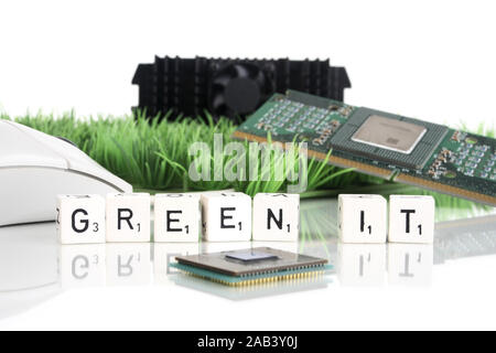 Platine, Prozessor, Lüfter und Maus mit Kunstrasen |Motherboard, processor, fan and mouse with synthetic grass| Stock Photo