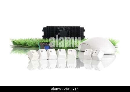 Prozessor, Lüfter und Maus mit Kunstrasen |Processor, fan and mouse with synthetic grass| Stock Photo