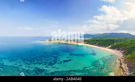The beach Mandraki of Skiathos island from drone view, Greece Stock Photo