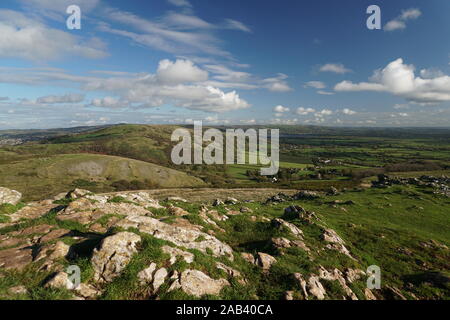 View from Crook Peak looking towards Wavering Down, Cheddar and Axbridge, Somerset, England. Stock Photo