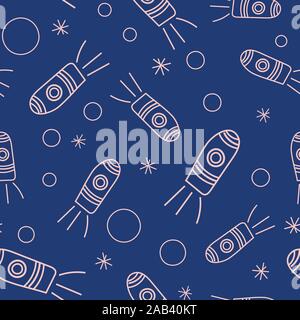 seamless vector simple doodle pattern with rockets, planets and stars on a navy background Stock Vector