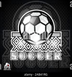 Ball in center of football goal net and text soccer. Sport logo for any football team Stock Vector