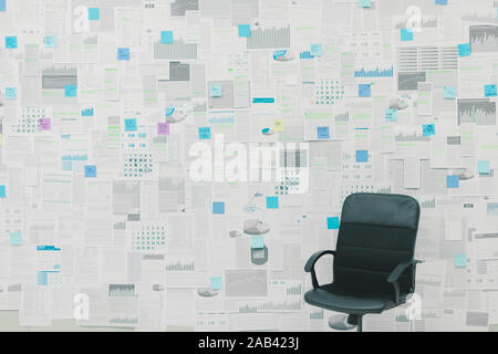 Office wall covered with financial reports, paperwork and sticky notes: business management concept Stock Photo