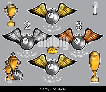 Billiard balls with wings cups and crown. Vector set of sport logo for any team and championship Stock Vector