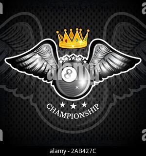 Billiards ball with wings and crown on blackboard. Vector sport logo for any team and championship Stock Vector