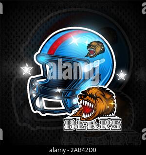 Blue american football helmets with bears head label team on it. Stock Vector