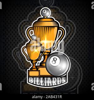 Golden billiard cup with black ball. Vector sport banner in cartoon style Stock Vector