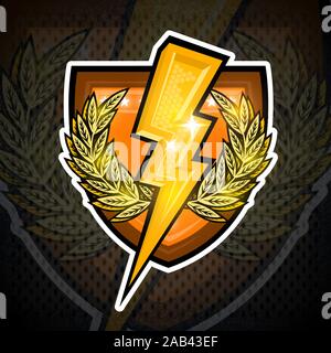 Golden lightning between laurel wreath in center on shield. Sport logo for any team or competition Stock Vector