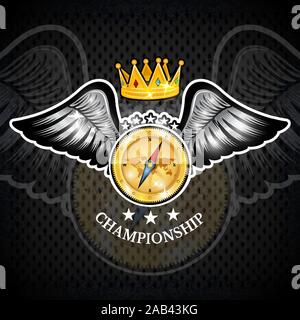 Compass with crown between wings. Sport logo for any yachting or sailing team or championship Stock Vector