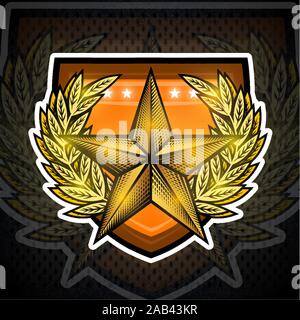 Golden star with laurel wreath in center on shield. Sport logo for any team or competition Stock Vector