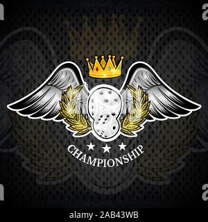 Pair of dice with crown between golden wreath with wings on blackboard. Sport logo for any games of chance or board games Stock Vector