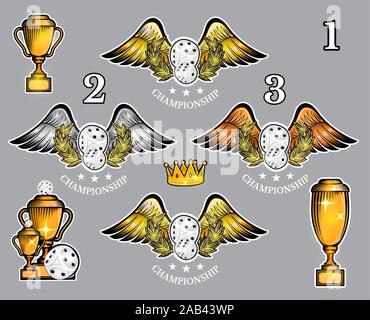 Pairs of dice with wings cups and crown. Vector set of casino or board game logo for any team and championship Stock Vector