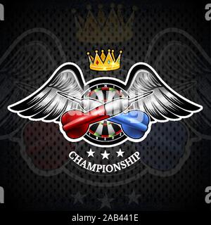 Red and blue darts crossed with round target in center between wings. Sport logo for any darts game or championship Stock Vector