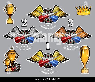 Red and blue darts crossed on round target between wings with cups and crown. Vector set of logo for any team and championship Stock Vector