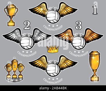 Volleyball balls with wings cups and crown. Vector set of sport logo for any team and championship Stock Vector