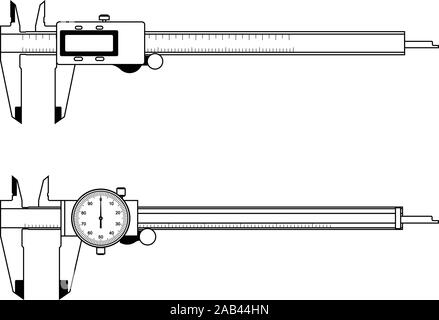 Set of caliper icons. Dial and digital display. Silhouette vector Stock Vector