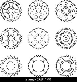 Various types of sprocket wheel. Flat icons. Thin line vector Stock Vector