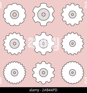 Conveyor sprocket wheel icons on light pink background. Vector thin line Stock Vector