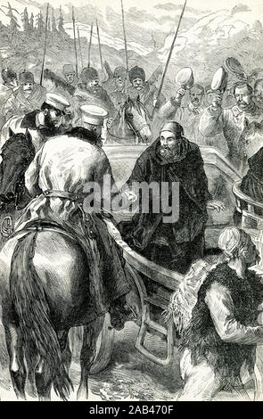 Osman Pasha on the way from Pleven (Plevna). Engraving of the 19th century. Stock Photo