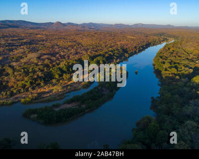 A sunrise over the Mazowe river seen from a drone. Stock Photo