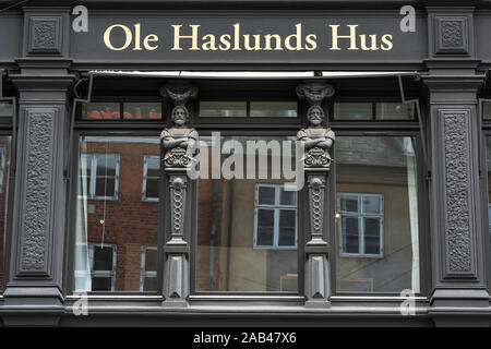 Copenhagen shopping, detail of the Ole Haslunds Hus storefront, a typical example of 19th century Historicist architecture in Amagertorv, Copenhagen. Stock Photo