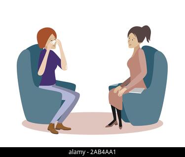 Psychotherapy session vector illustration. Woman psychologist and woman patient, society psychiatry concept Stock Vector